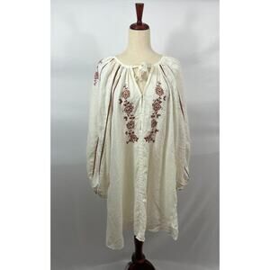 INNIKA CHOO Sz 1 S Ivory Brown Embroidered Puff Long Sleeve Linen Dress
